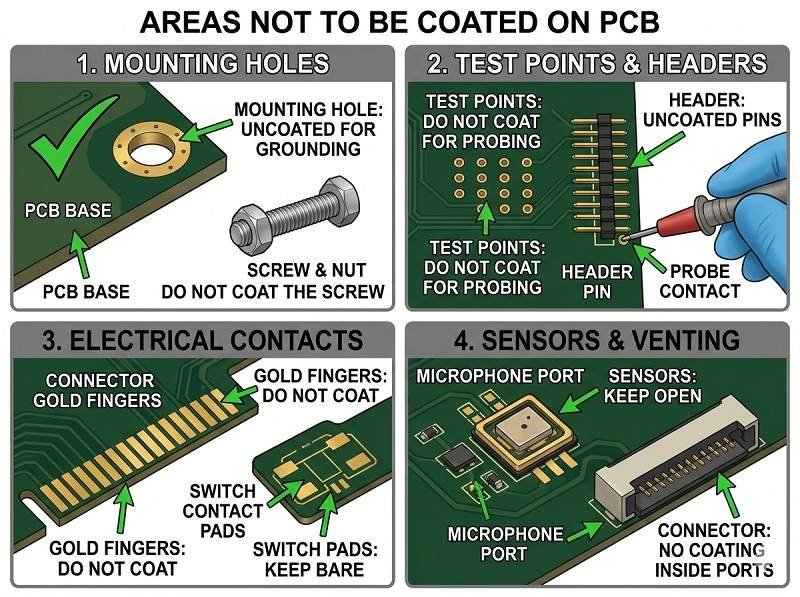 What areas should not be coated on PCB