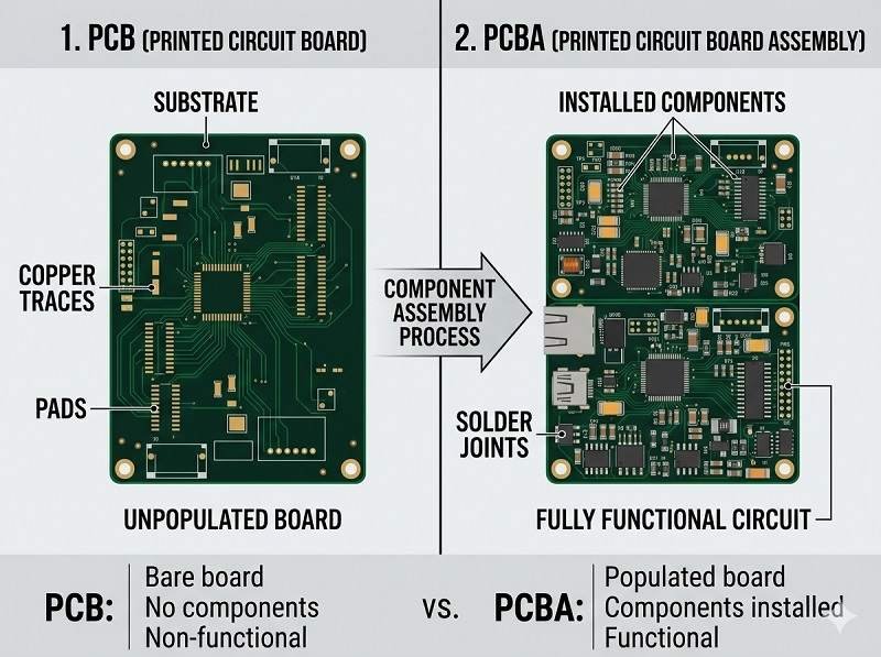 What is the difference between PCB and PCBA
