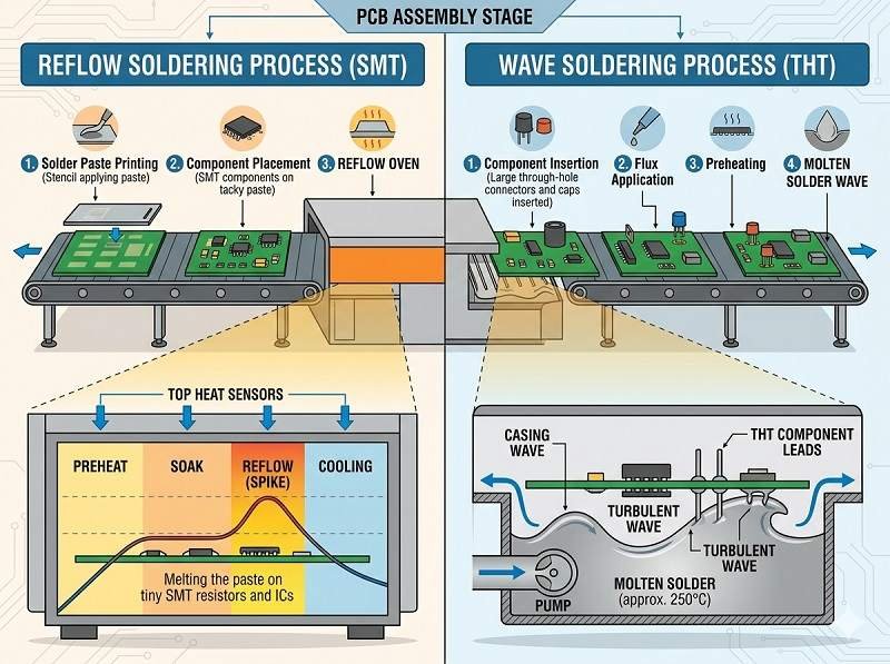 What is wave soldering vs reflow soldering